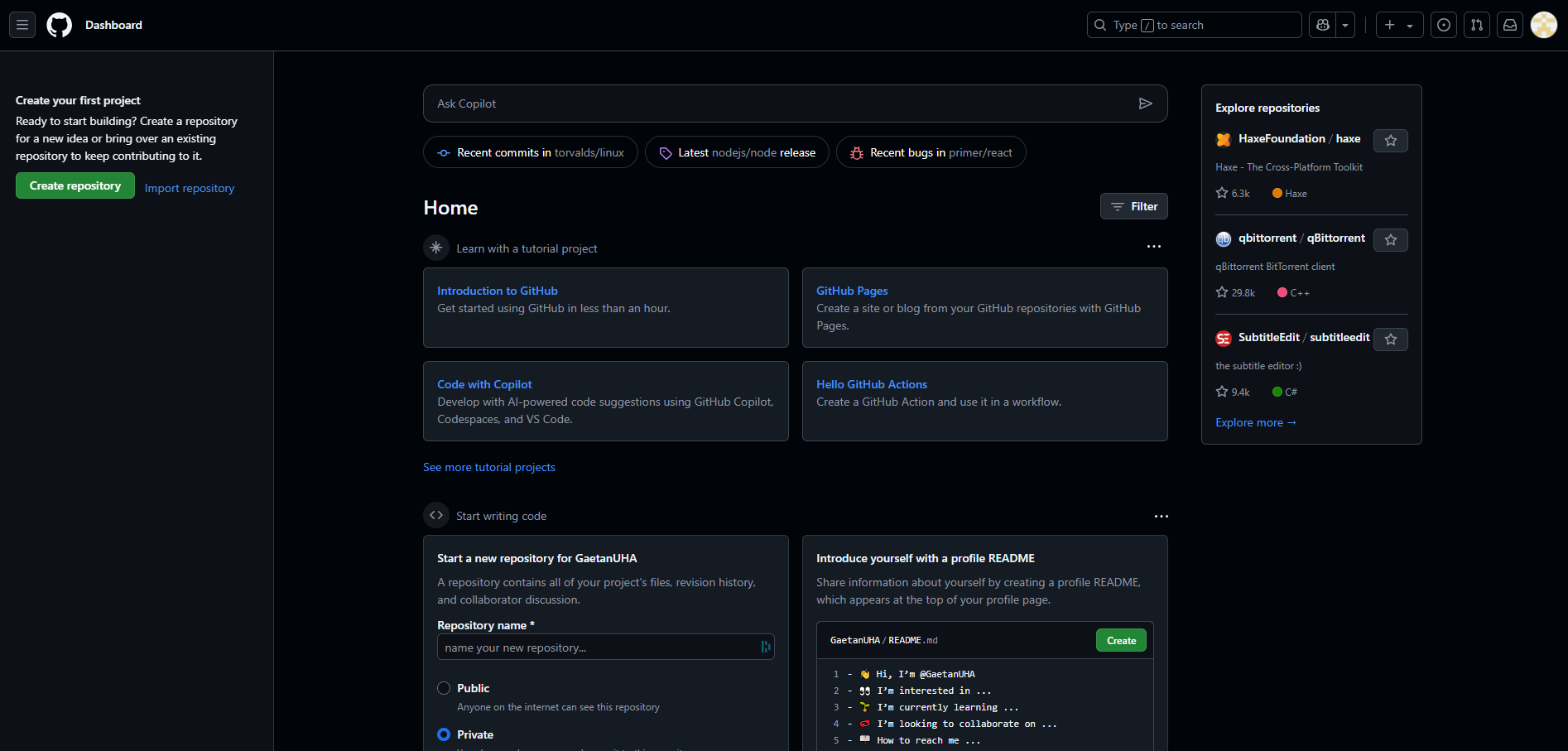 Home of GitHub after creating an account